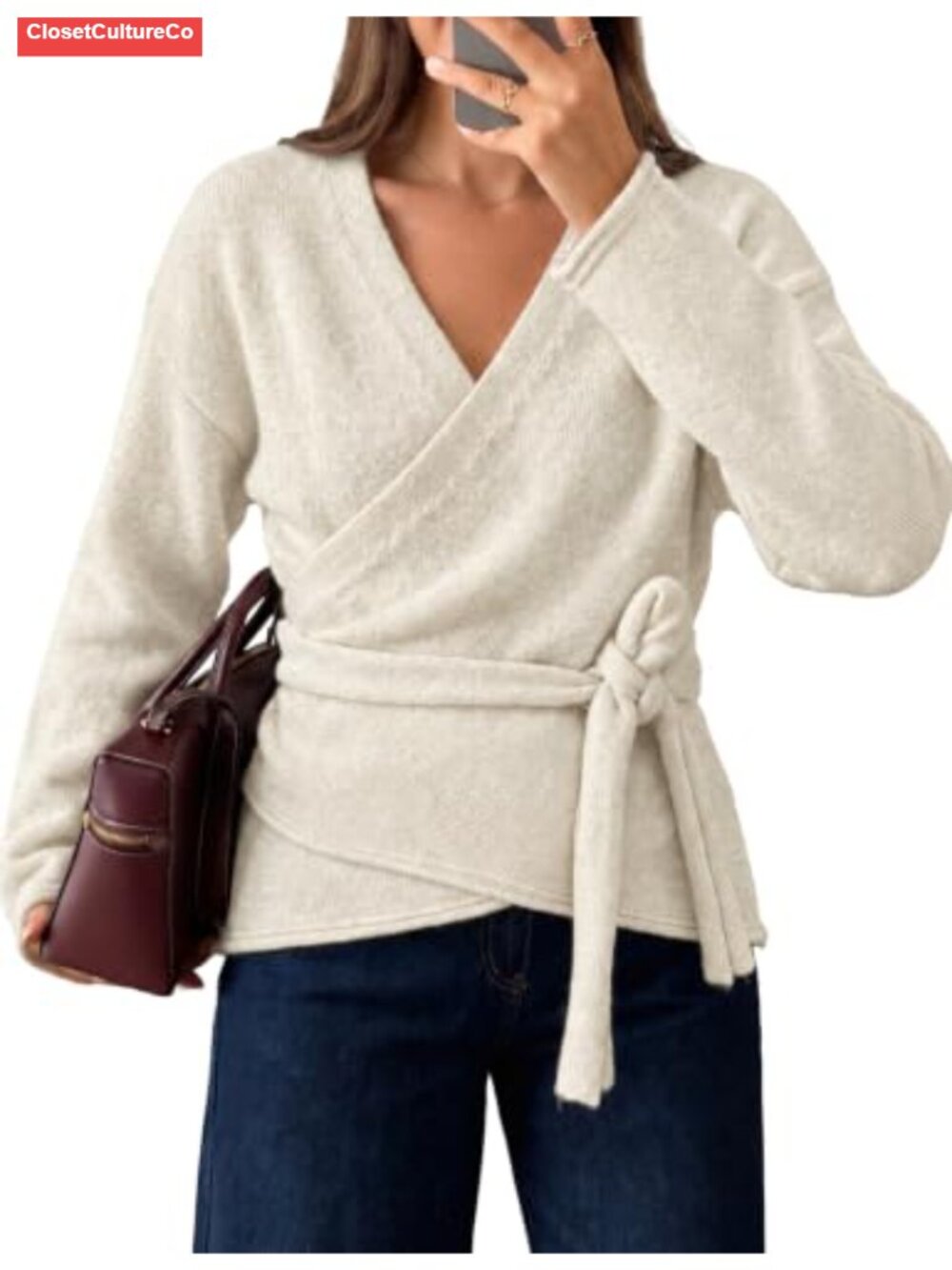 Women's Wrap Sweater Tie Waist V Neck Knit Cardigan Long Sleeve